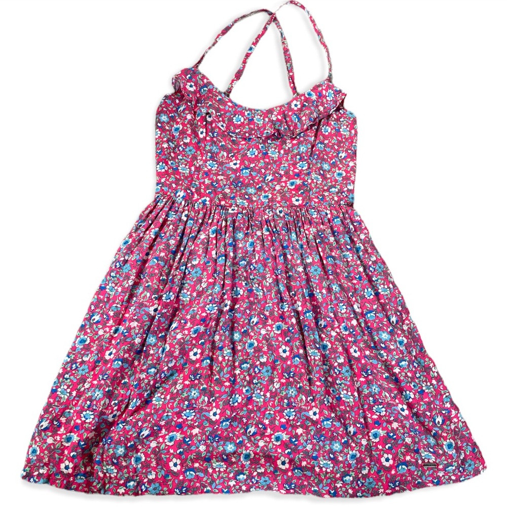 Hollister Pink Blue Ruffle Neck Floral Fit + Flare Flow Mini S Smock Back Dress